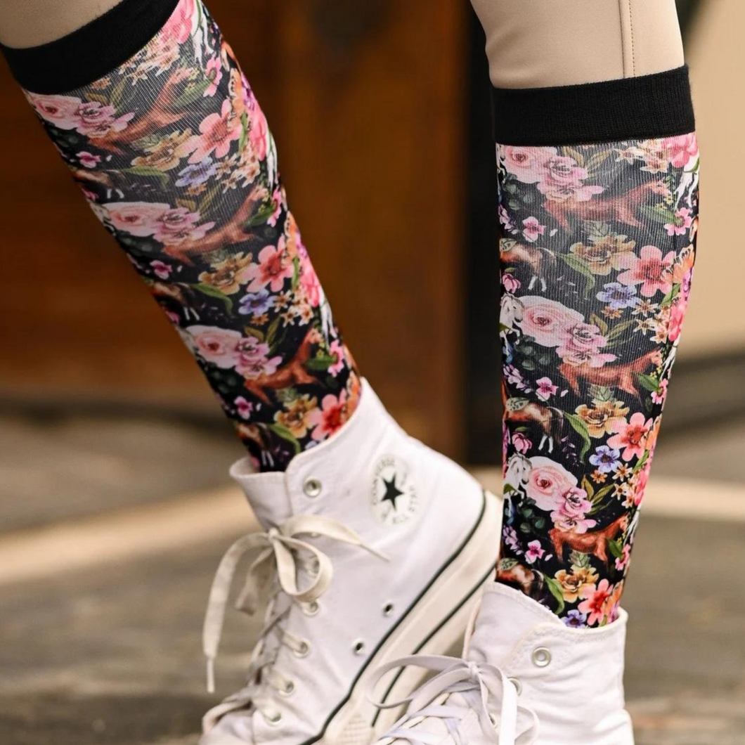 Dreamers & Schemers Boot Socks - Pony Mac Black Floral Horse