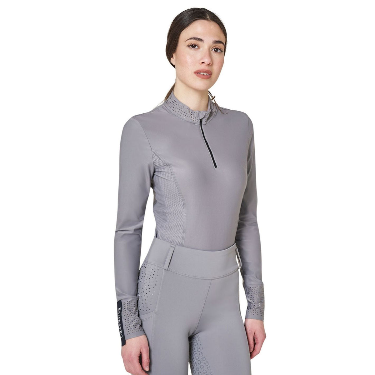 Equestro Technical Rhinestone Long Sleeve Shirt - Frost Grey