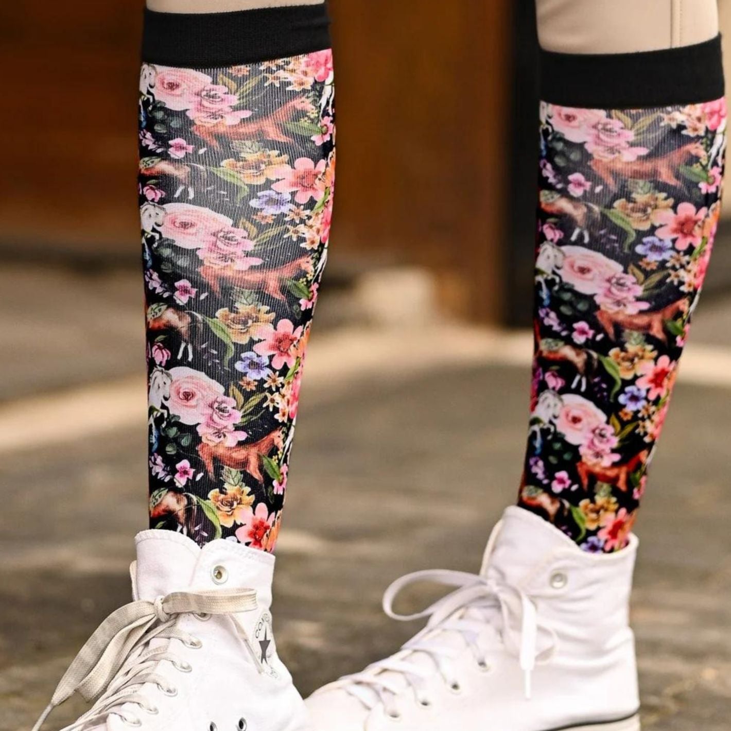 Dreamers & Schemers Boot Socks - Pony Mac Black Floral Horse