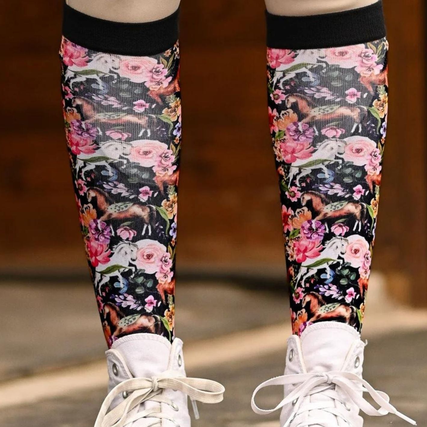 Dreamers & Schemers Boot Socks - Pony Mac Black Floral Horse